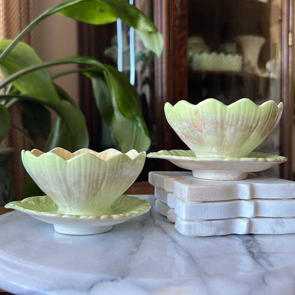 Antique Pair of Royal Winton Lotus Lusterware Bowls Attached Handle Saucer Plate - Picture 7 of 16